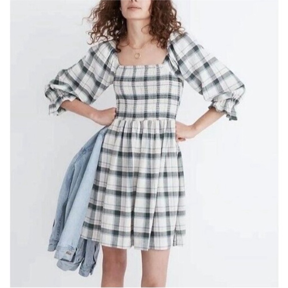 Madewell Green & Pink Plaid Smocked Puff Sleeve Lucie Dress